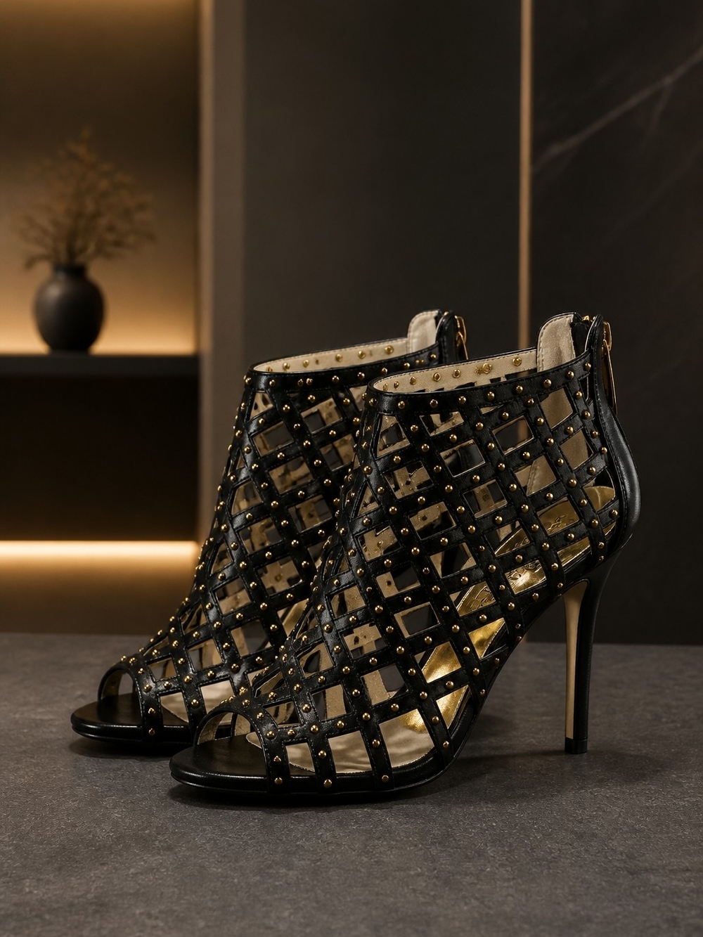 MICHAEL Michael Kors Yvonne Gold Studded Cage Stillettos 7.5